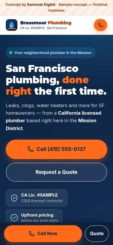 Brassmoor Plumbing sample website, phone view
