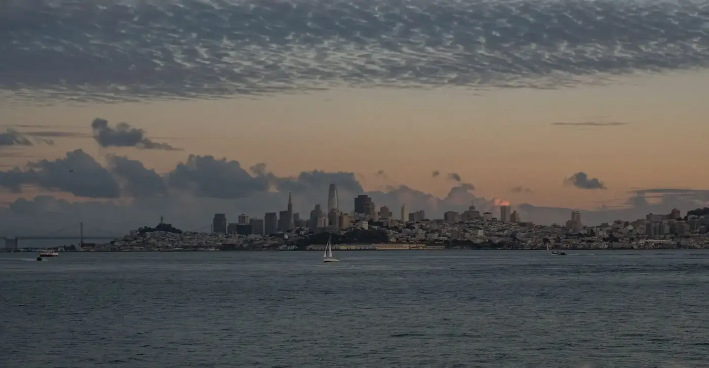 The San Francisco skyline across the bay at sunset