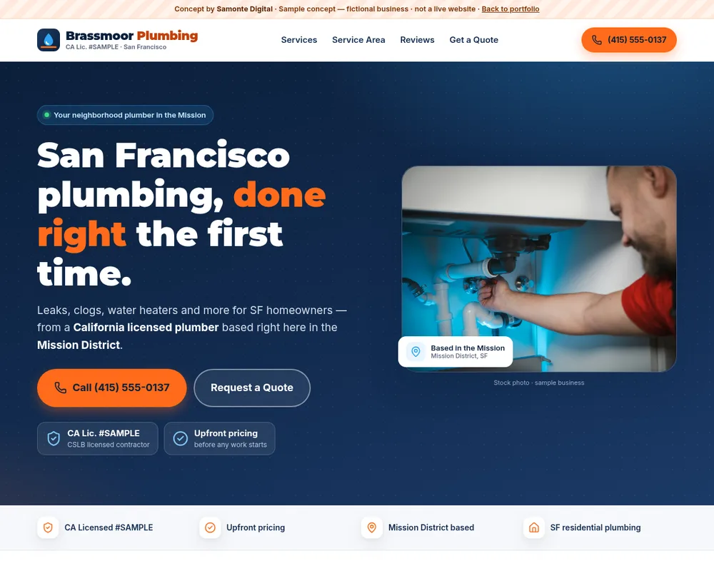 Brassmoor Plumbing sample website, desktop view